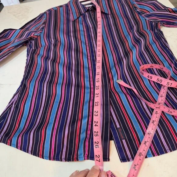 Faconnable Womens ButtonUp Shirt Sz 42 Medium Striped Multi Colorful Silky Retro - Picture 7 of 9